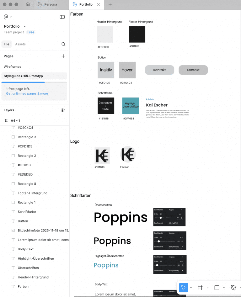 UI Styleguide in Figma für das Kai Escher Portfolio mit Definitionen für Farben (Hex-Codes), Buttons, Logos und den Schriftarten Poppins und Helvetica.