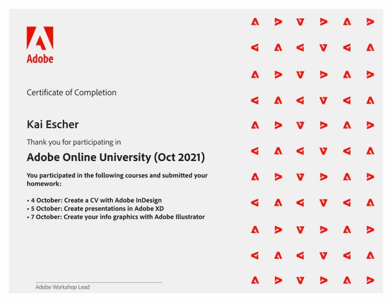 Adobe Online University Zertifikat für Kai Escher über den Abschluss von Kursen in Adobe InDesign, Adobe XD und Adobe Illustrator (Oktober 2021).