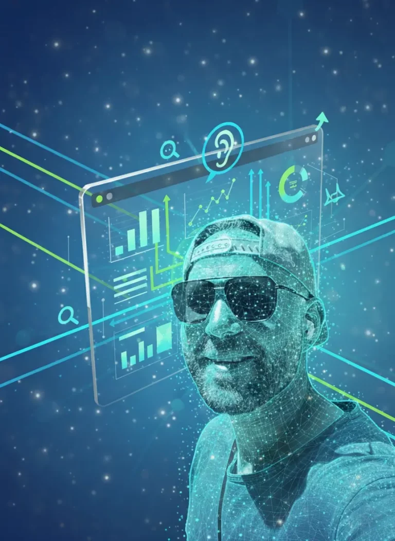 Kreatives Porträt von Kai Escher als User Experience Designer, überlagert mit einem digitalen Mesh-Gitter und einer schwebenden Benutzeroberfläche mit Daten-Diagrammen.