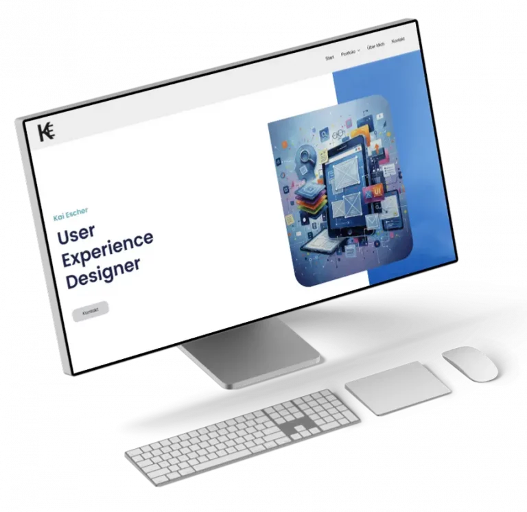 Ansicht eines modernen Monitors mit der Portfolio-Webseite von Kai Escher, User Experience Designer, inklusive Tastatur und Maus.