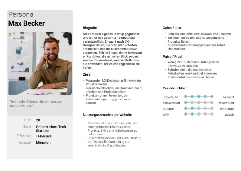 Detaillierte User Persona für Max Becker, einen 28-jährigen Startup-Gründer, mit biografischen Daten, Zielen und Nutzungsszenarien für eine UX-Portfolio-Webseite.