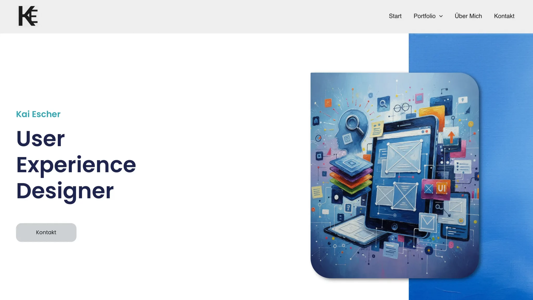 Screenshot der Hero-Sektion der Portfolio-Website von Kai Escher mit dem Titel „User Experience Designer“ und einer farbenfrohen, abstrakten UI/UX-Illustration.