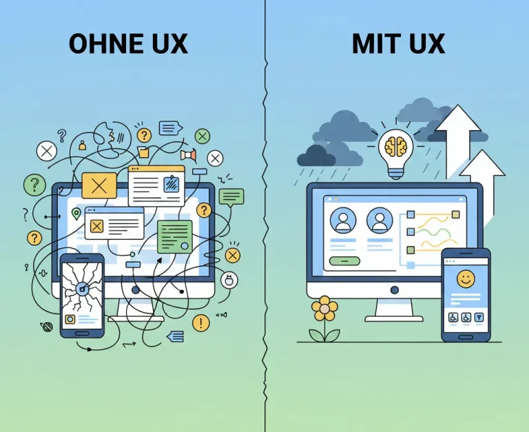 Infografik im Vergleich: Die linke Seite „Ohne UX“ zeigt ein chaotisches Interface-Wirrwarr, während die rechte Seite „Mit UX“ ein strukturiertes, benutzerfreundliches Design mit klaren Abläufen darstellt.