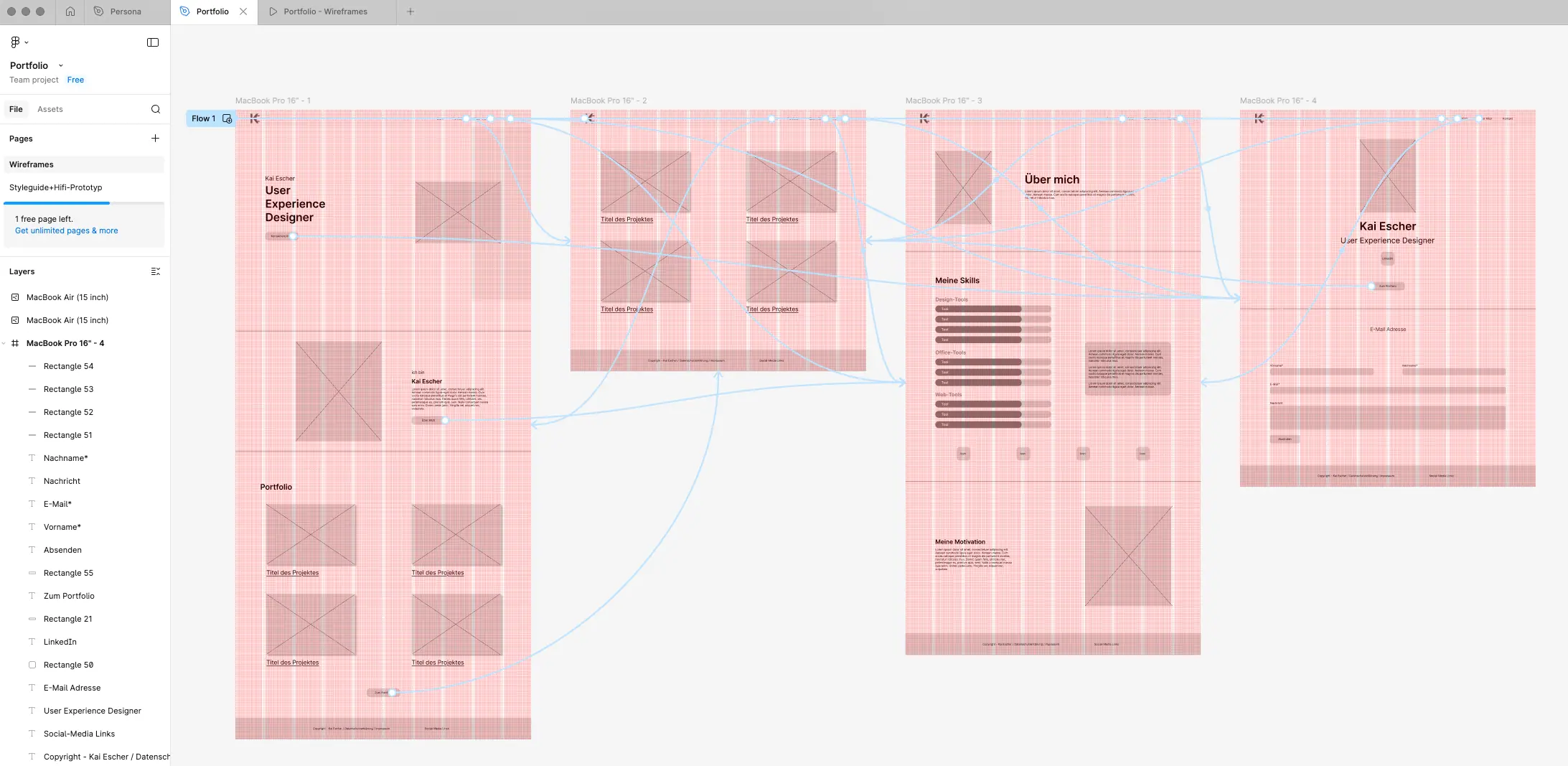 Screenshot einer Wireflow-Planung in Figma für das Portfolio von Kai Escher, der die Seitenstruktur und Benutzerführung mit Navigationspfeilen zeigt.