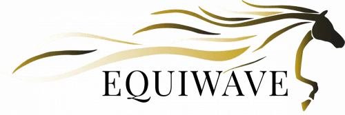 EquiWave Logo mit stilisierter goldener Pferdesilhouette auf schwarzem Hintergrund